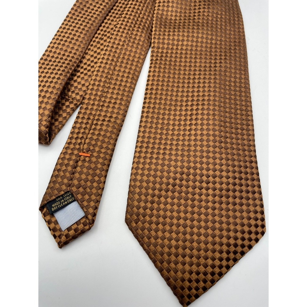 Taylor Mens Silk Tie Brown Checkered Geometric Pattern Made in Italy